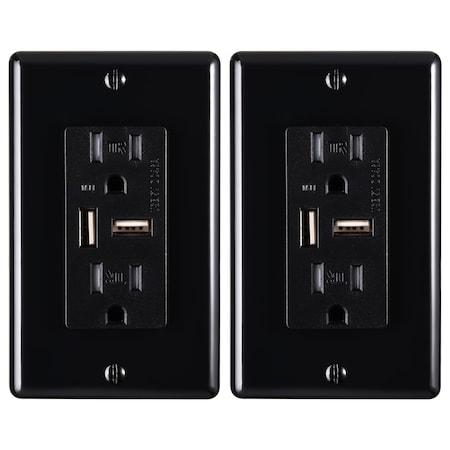 Faith 4.6A USB Outlet and 15A Decorator Tamper-Resistant Duplex Receptacle with Wall Plate, Black, 2PK USB46-BK-02